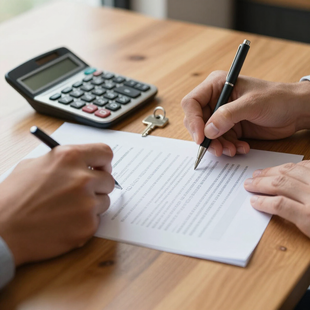 Mortgage calculator, house keys, and loan documents