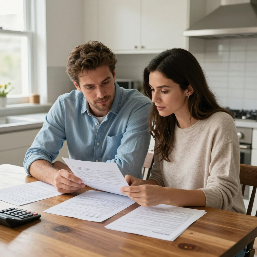 Couple reviewing homebuying process documents with mortgage lender