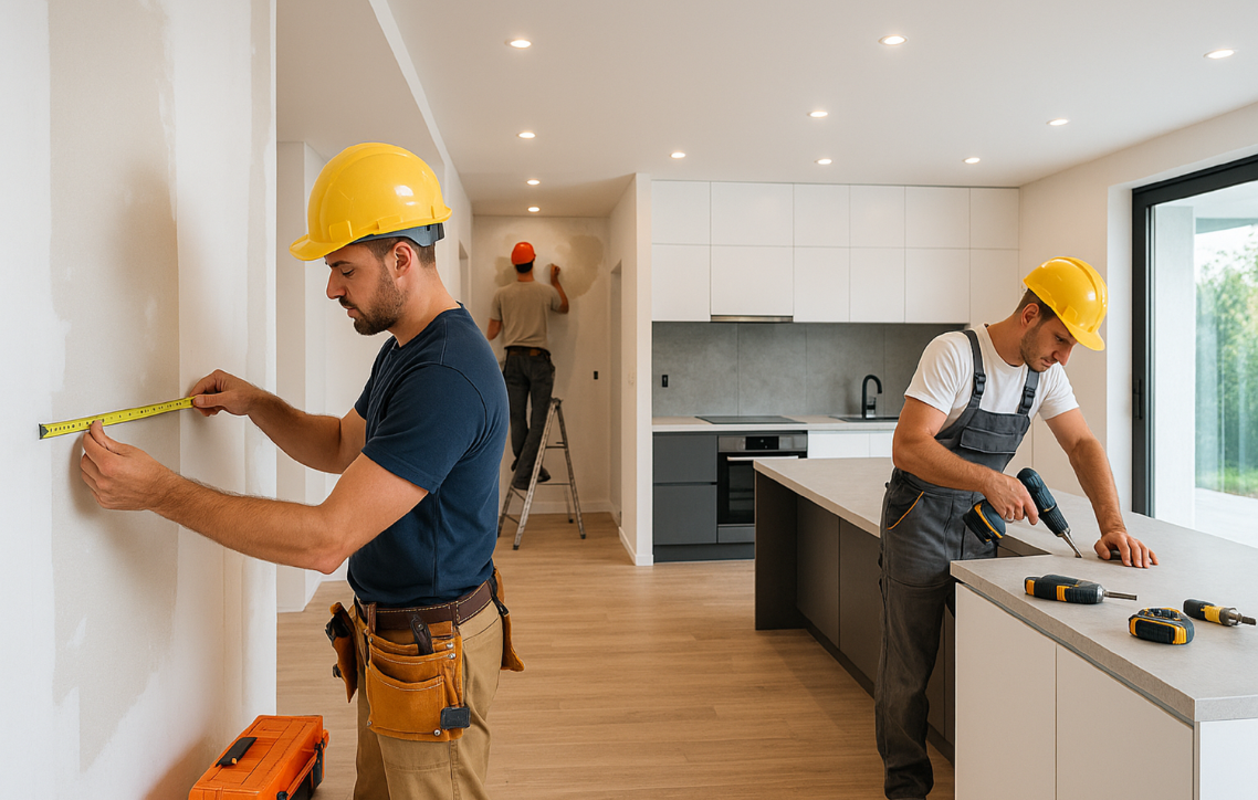 Workers in hard hats measuring and installing cabinets in a bright kitchen under renovation