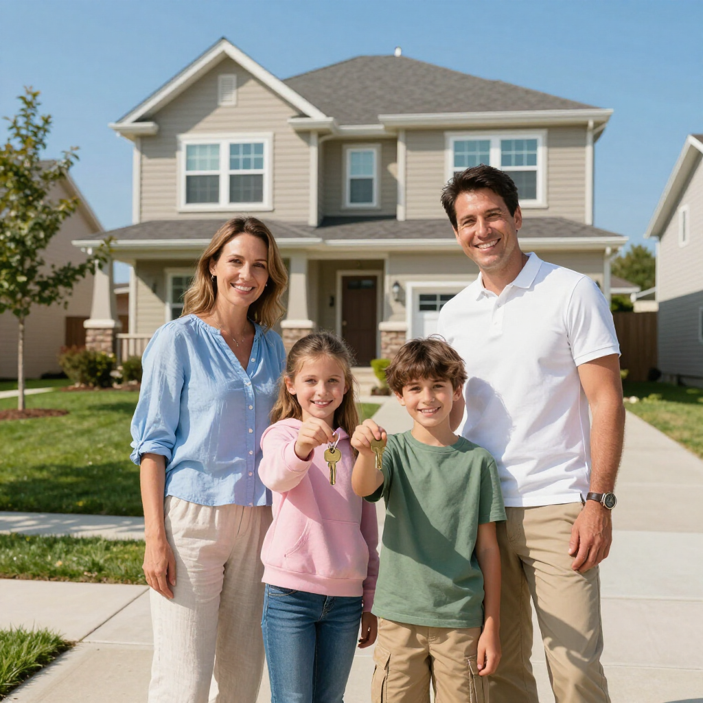 Happy family outside their new home in North Carolina