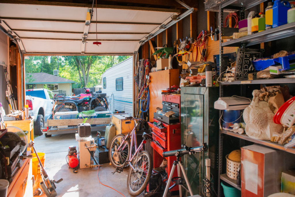 A garage filled with lots of tools and bikes