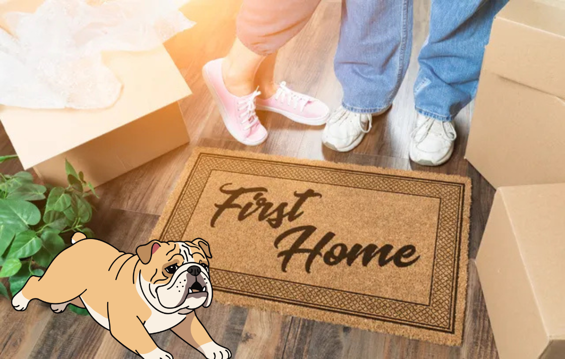 Couple’s feet beside moving boxes and a doormat reading “First Home” with a bulldog illustration