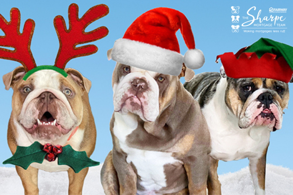 Three dogs wearing santa hats and reindeer antlers