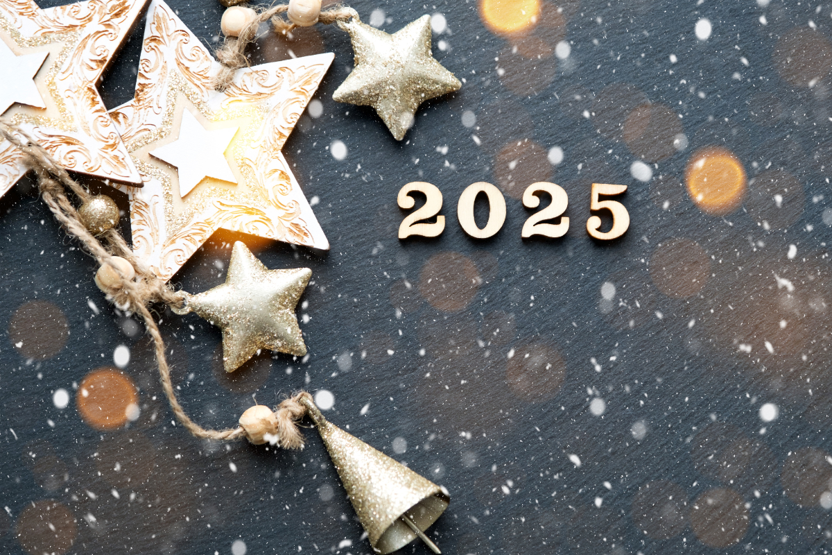 The year 2025 is written on a black background with christmas decorations