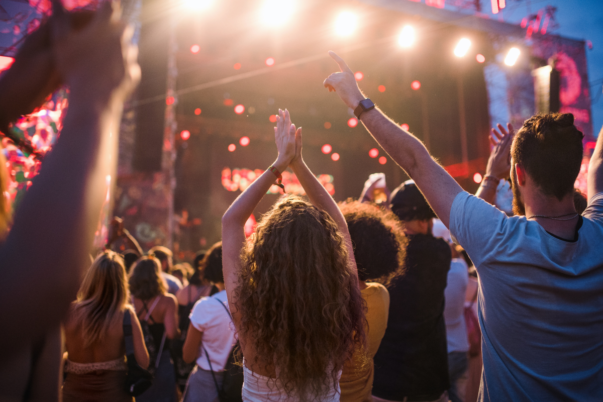 A crowd of people at a concert with their arms in the air