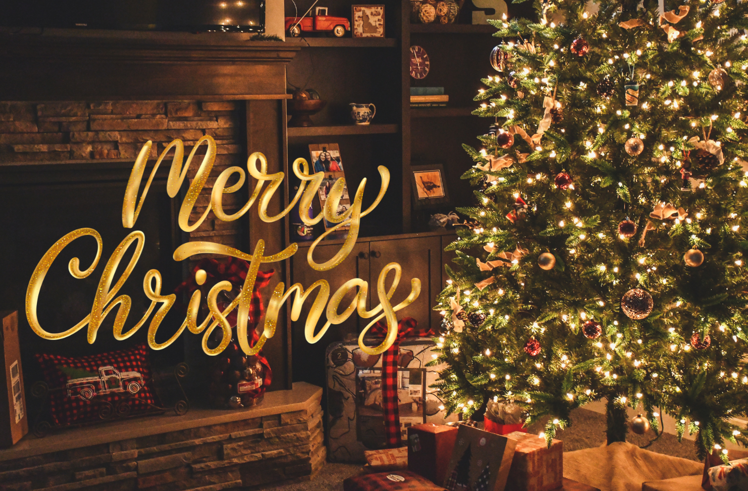 A sign that says merry christmas in front of a christmas tree