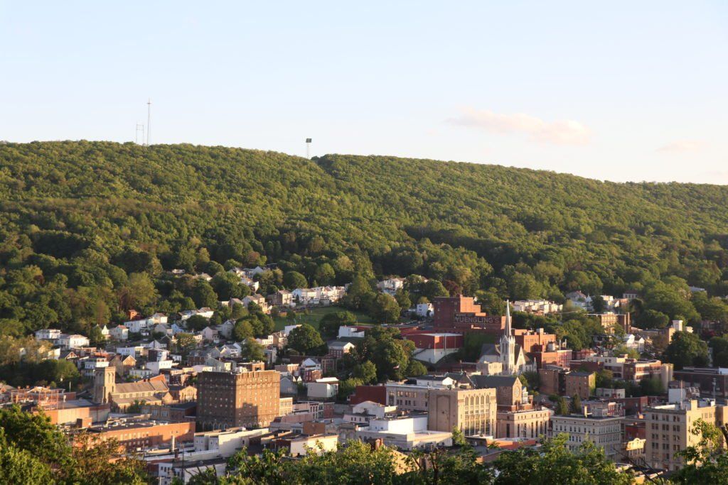 A city sits on top of a hill surrounded by trees