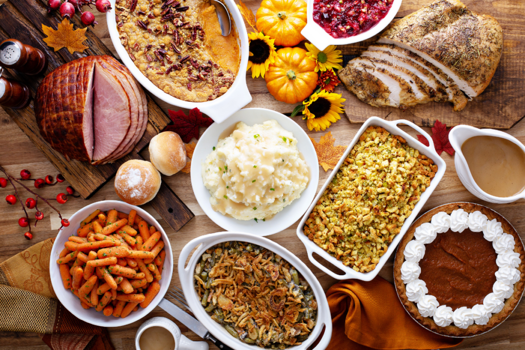 A table topped with a variety of thanksgiving foods