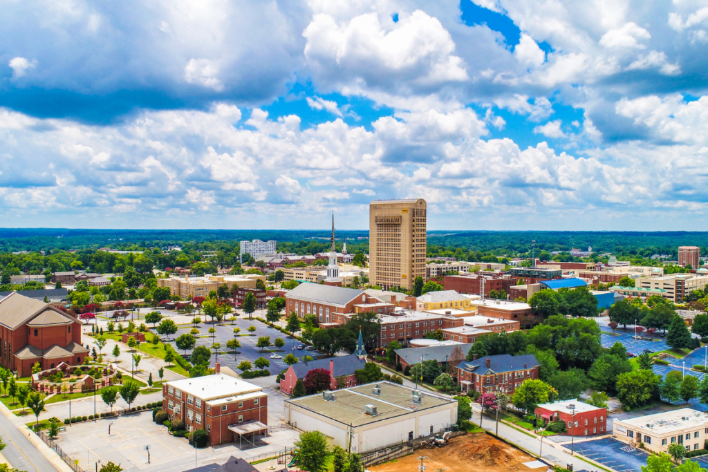 An aerial view of a city on a cloudy day