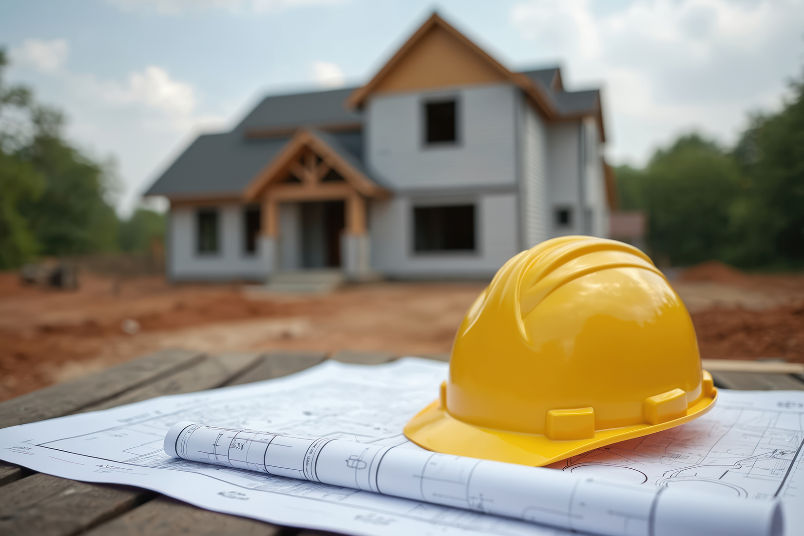 Hard hat and house plans for VA construction financing in the Triad, North Carolina