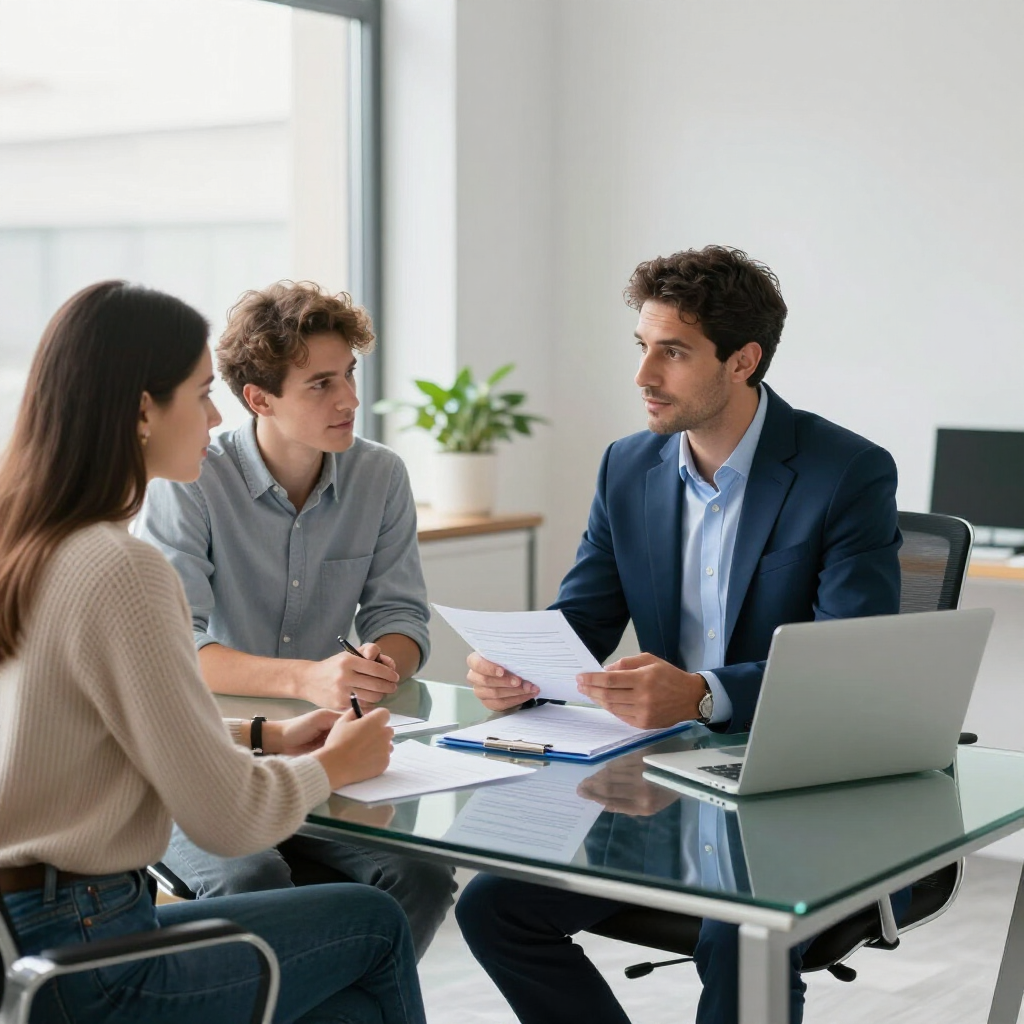Couple meeting with mortgage loan officer to discuss loan programs