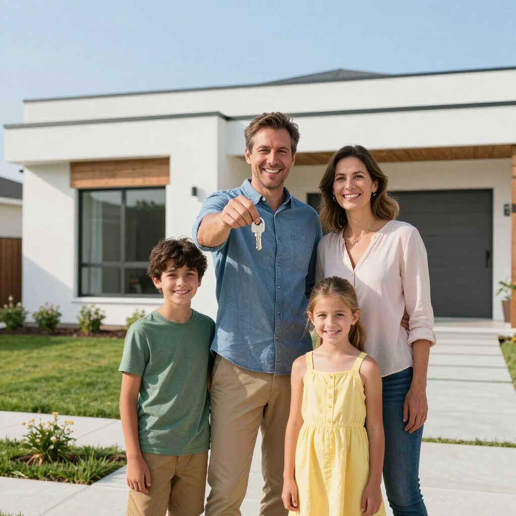 Happy family holding keys outside their new home in North Carolina