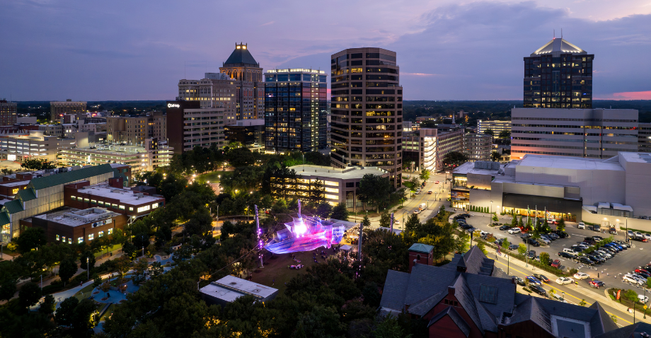 An aerial view of a city at night
