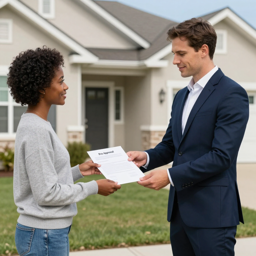 Real estate agent reviewing home purchase approval with couple outside new home