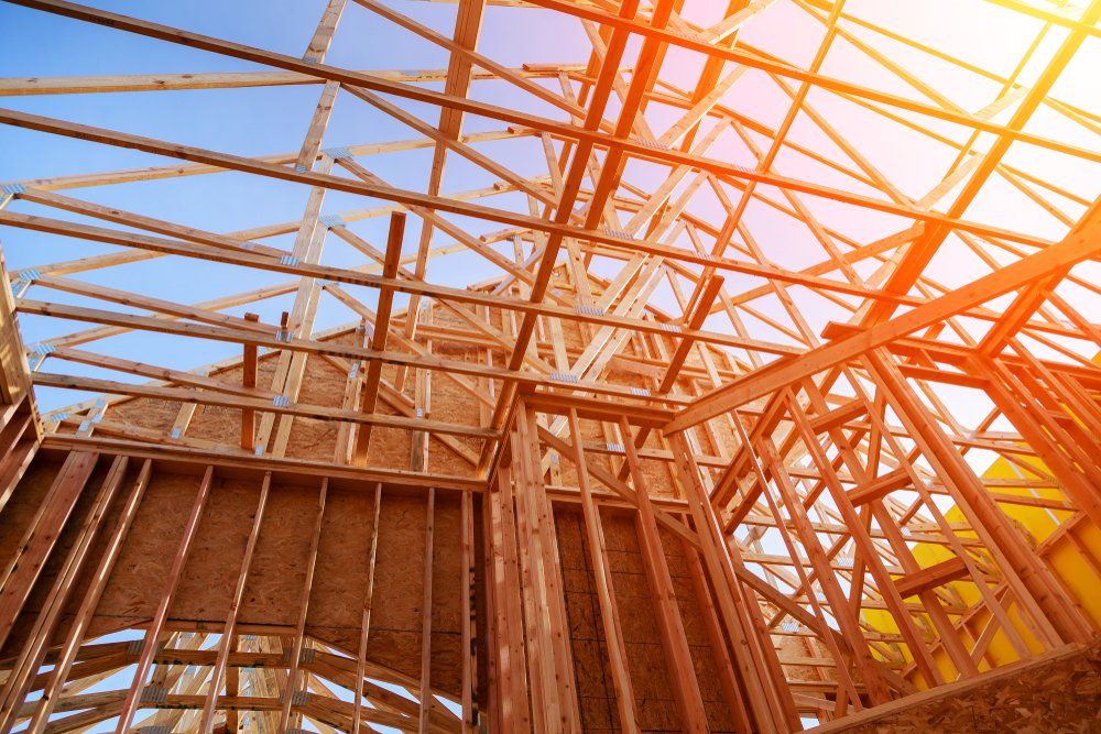 Looking up at the ceiling of a house under construction