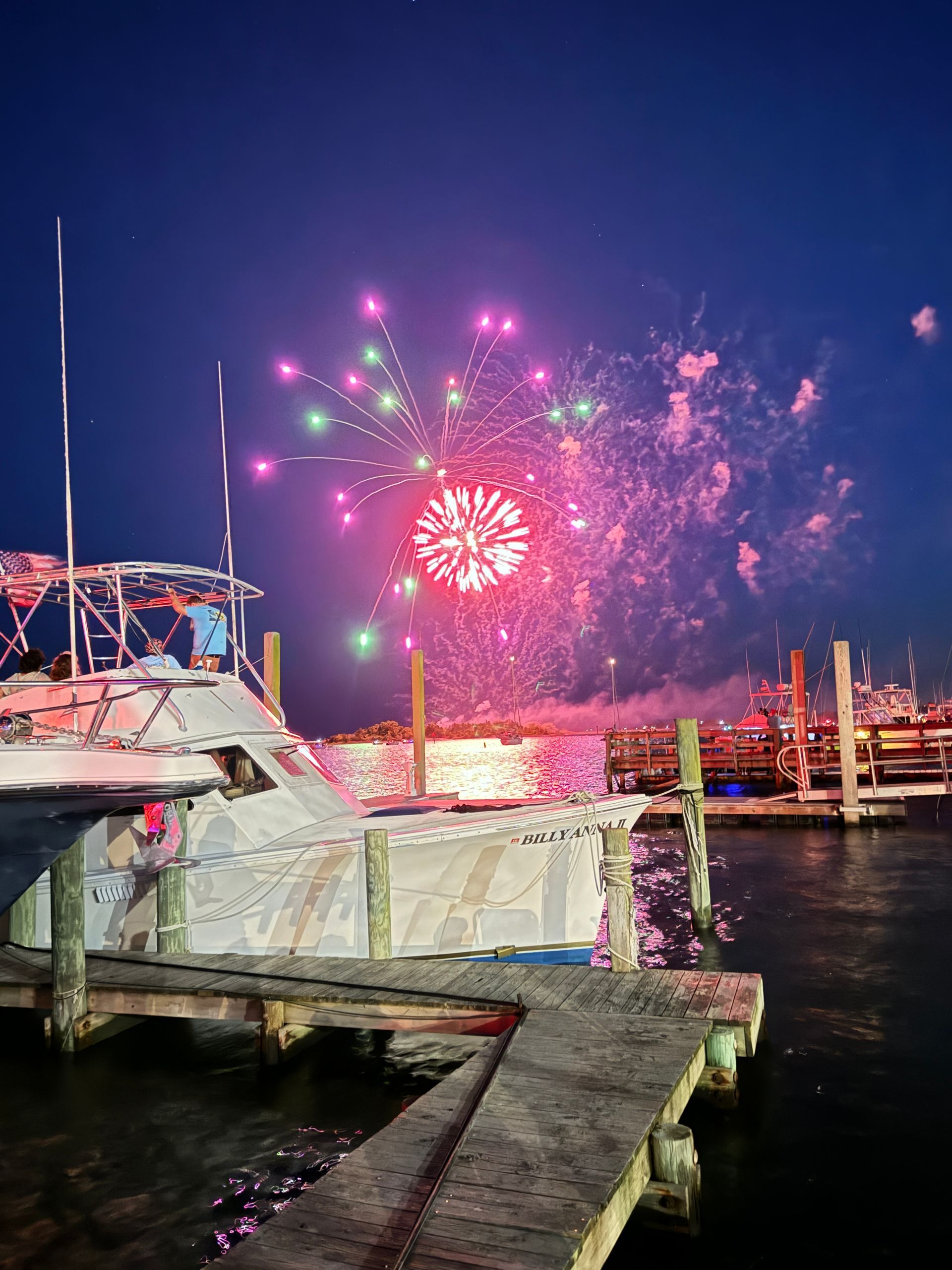 Fireworks bursting over the docks in downtown Swansboro, NC