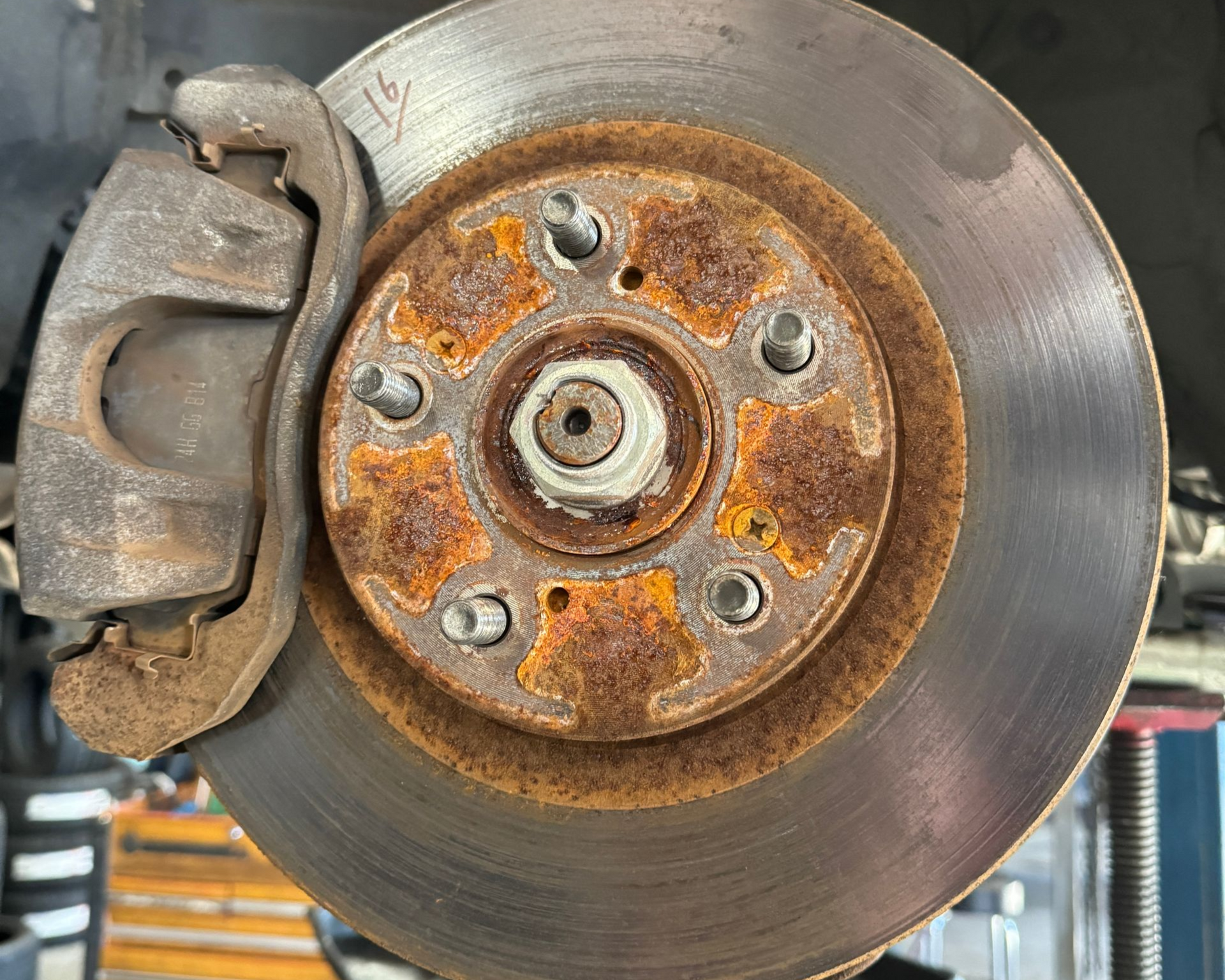 Rusty brake rotor found during brake inspection by Beachview Auto Service