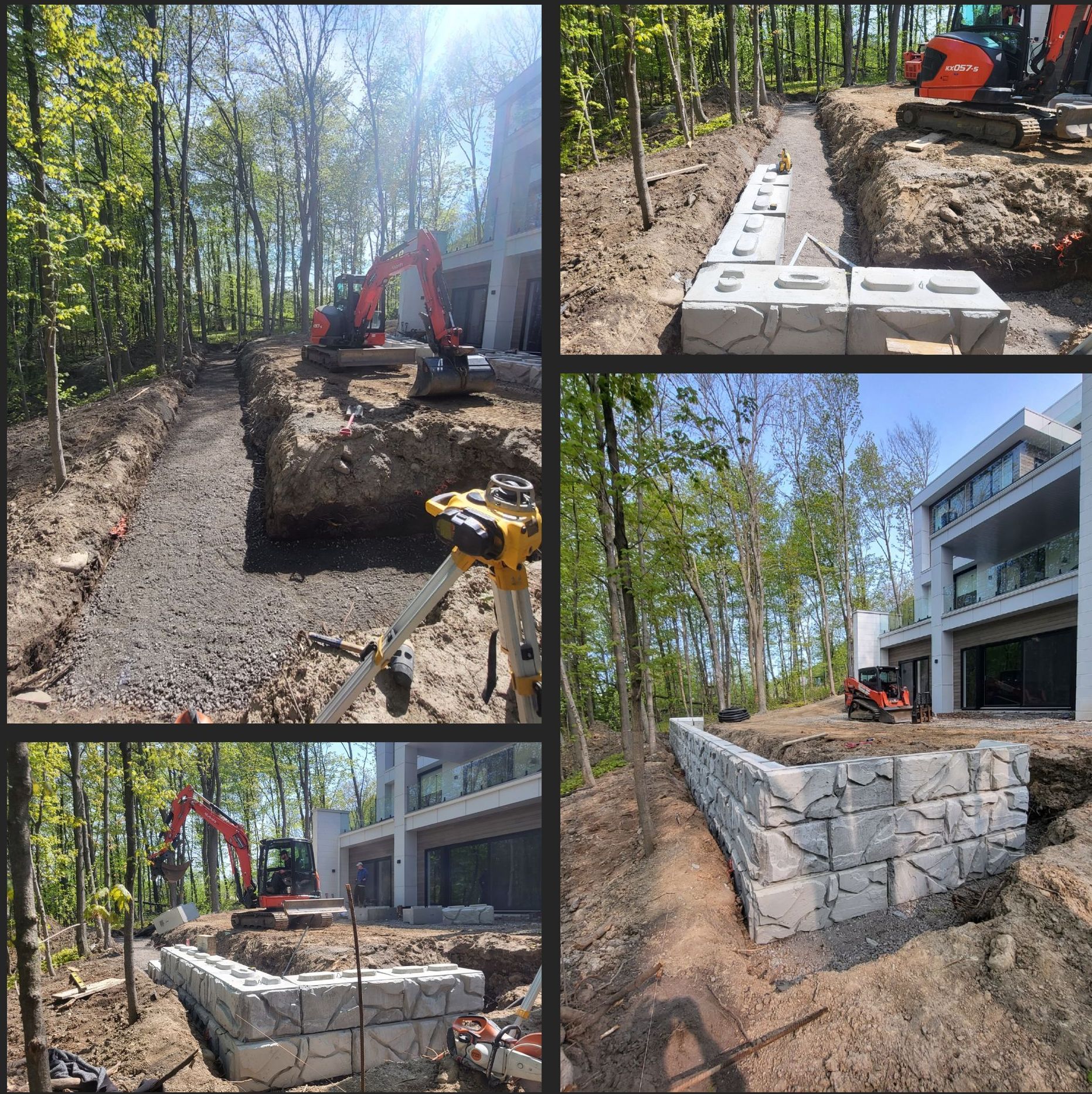 A collage of pictures showing a house being built in the woods