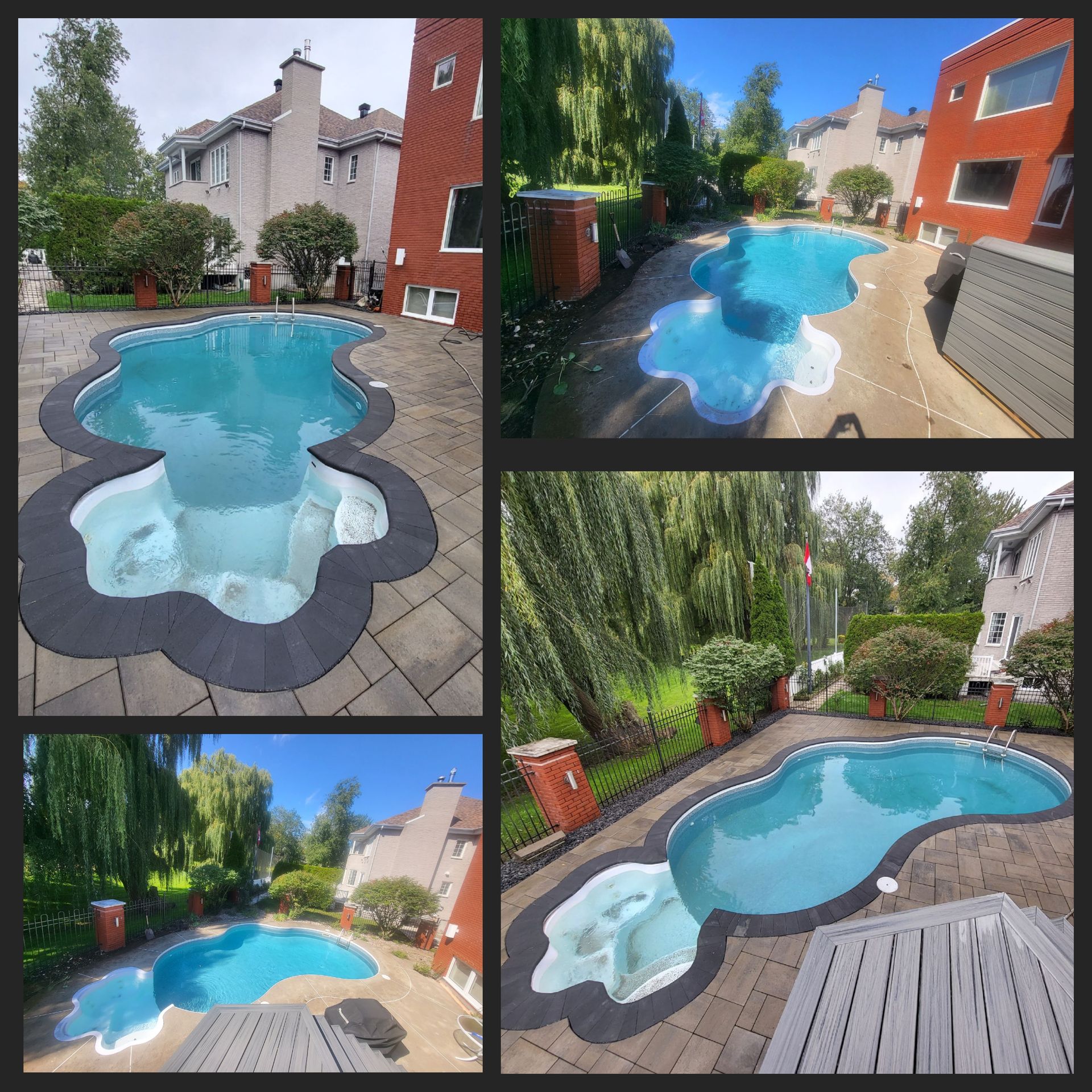 A collage of four pictures of a swimming pool