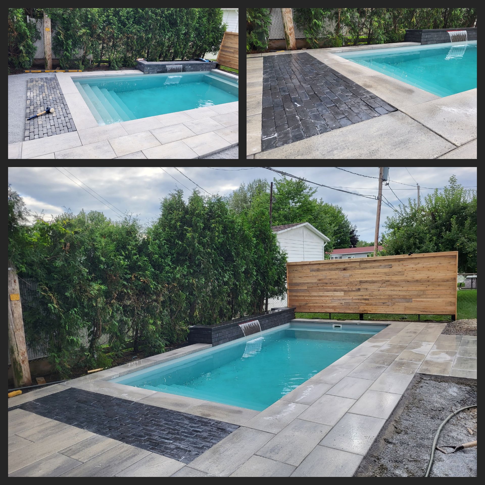 A collage of photos of a swimming pool in a backyard
