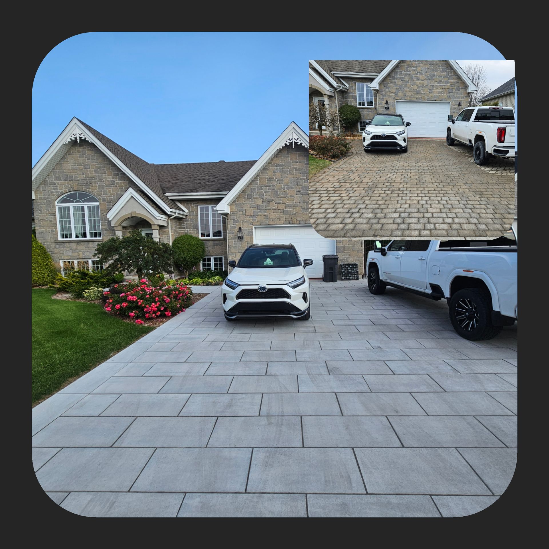A white car is parked in front of a large house