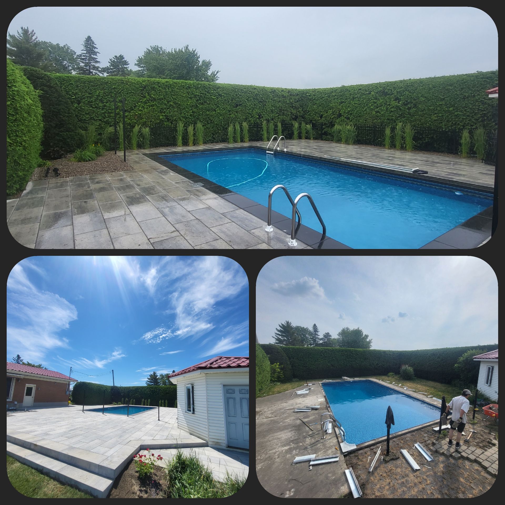 A collage of three pictures of a swimming pool