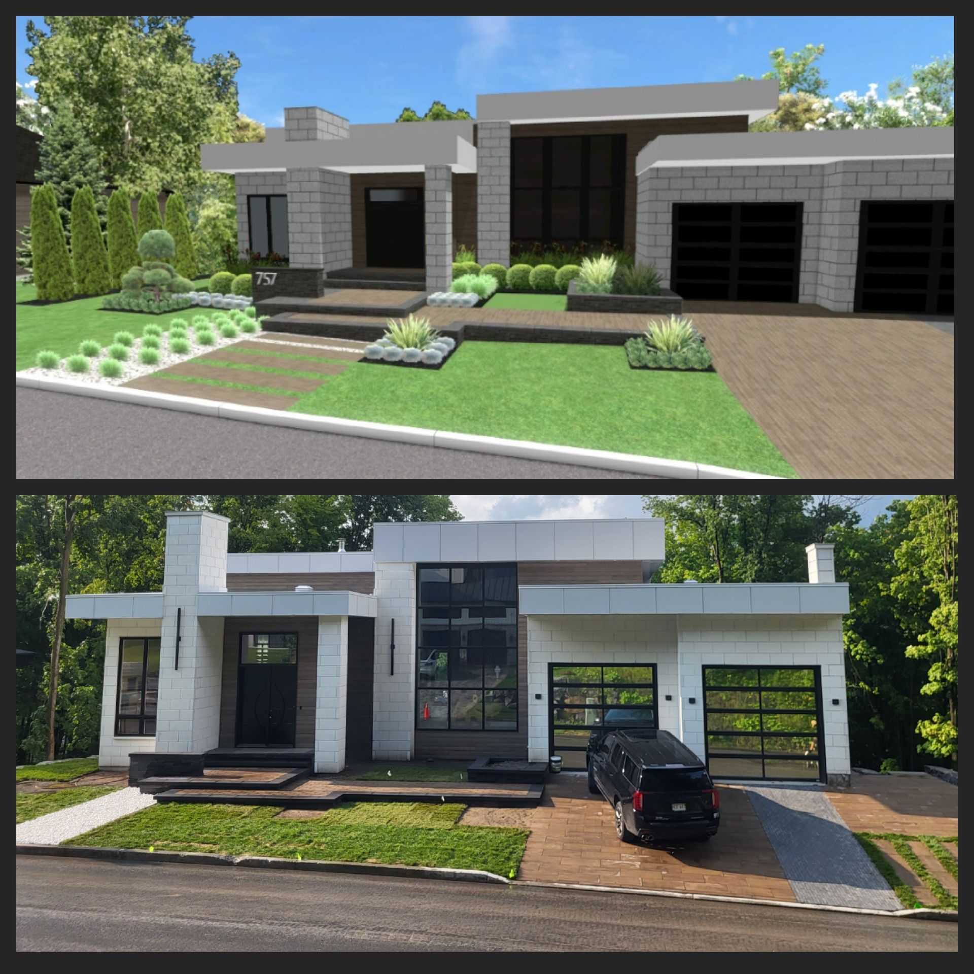 A picture of a house with a car parked in front of it