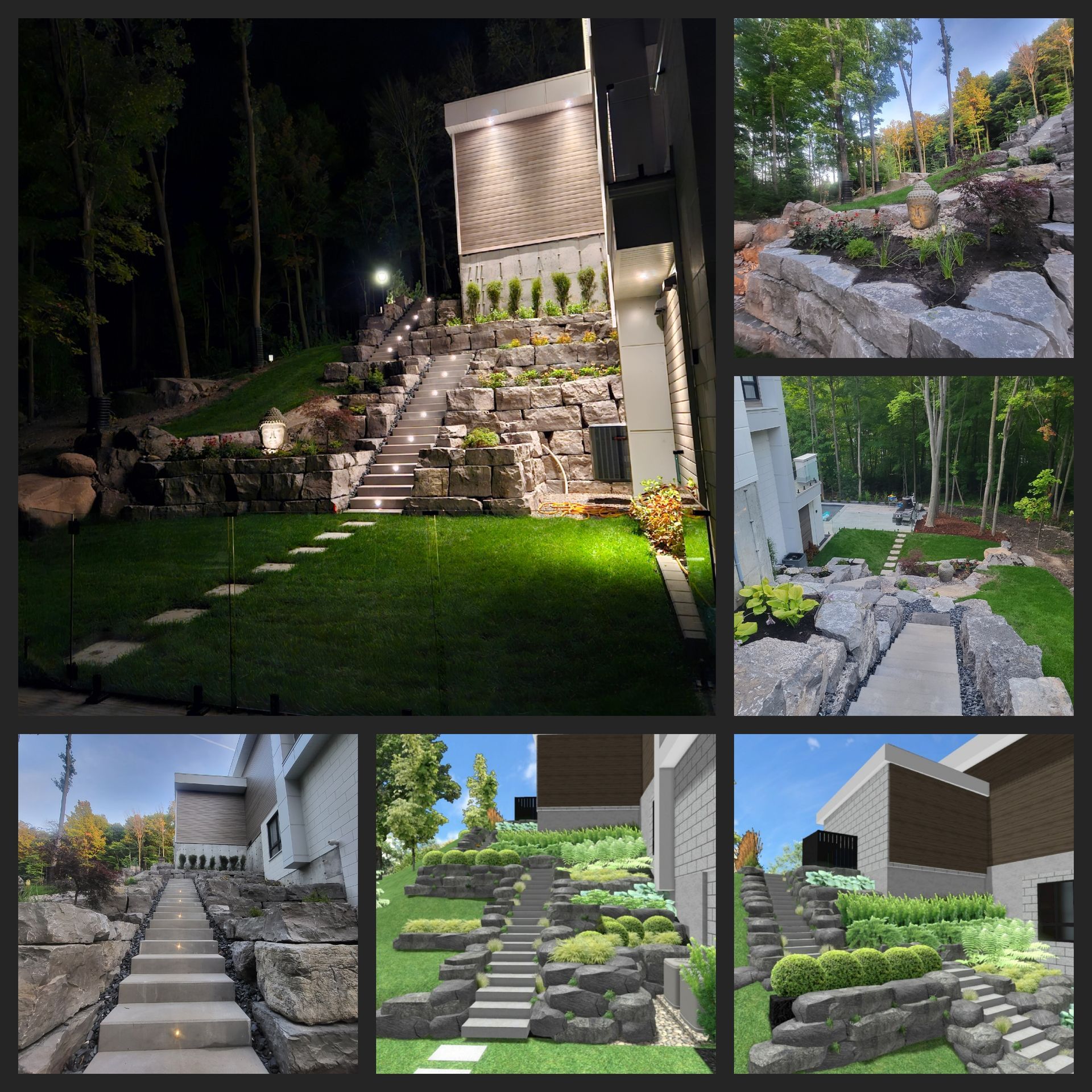 A collage of pictures of a landscape with a house in the background