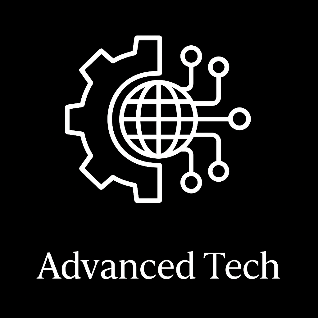 A logo for advanced tech with a gear and a globe.