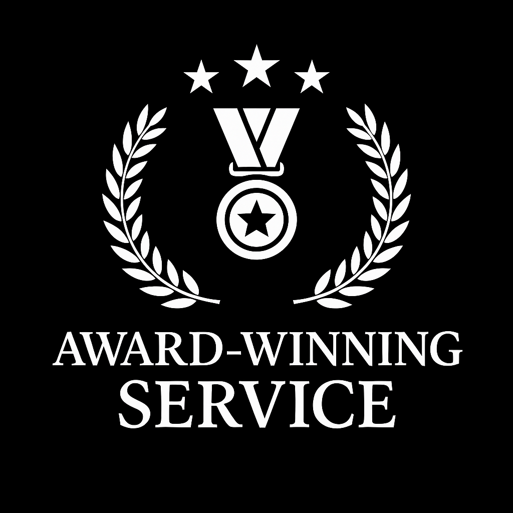 A white award-winning service logo with a medal and laurel wreath on a black background.