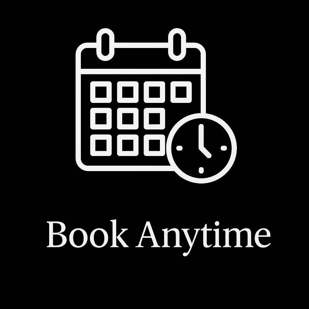 A calendar with a clock next to it and the words `` book anytime ''.