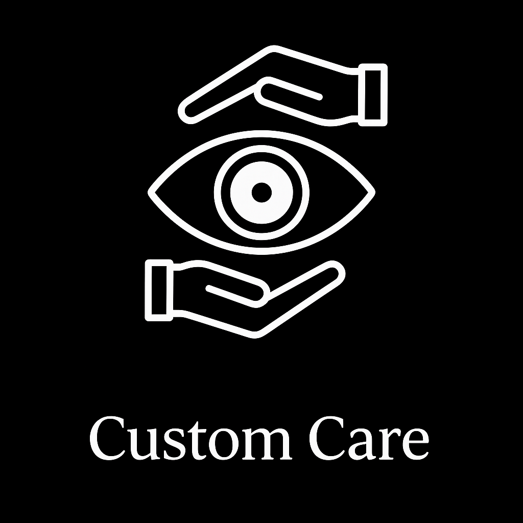 A white icon of a hand holding an eye on a black background.