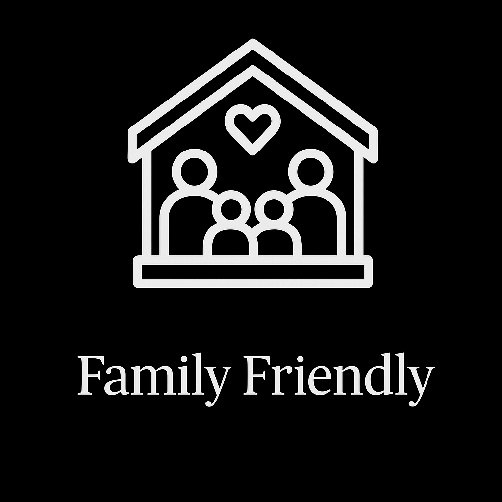 A white icon of a family in a house with a heart.