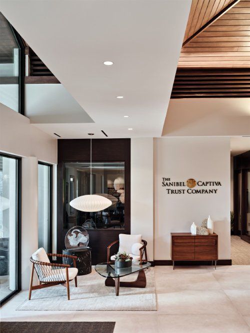 A living room with furniture and a sign that says the san diego trust company