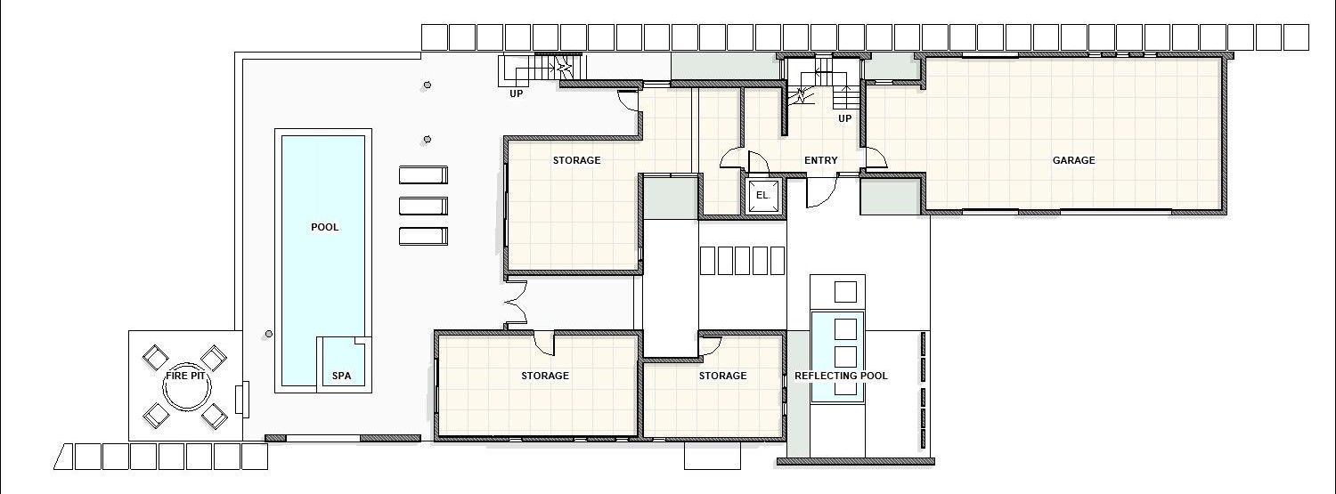 an architect's floor plan of a house showing the first floor, pool and a garage