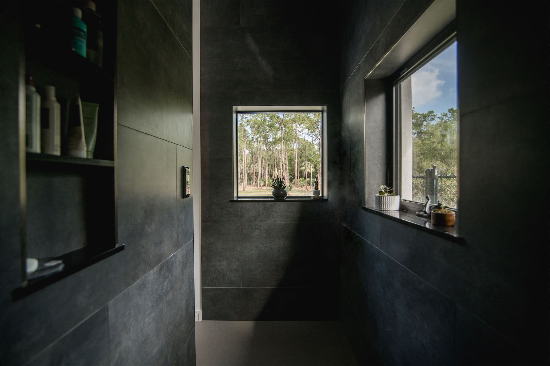 a bathroom with a window and a plant on the window sill