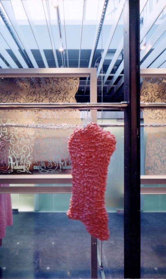 a pink ruched dress is hanging in front of a glass wall at an Alexander McQueen store