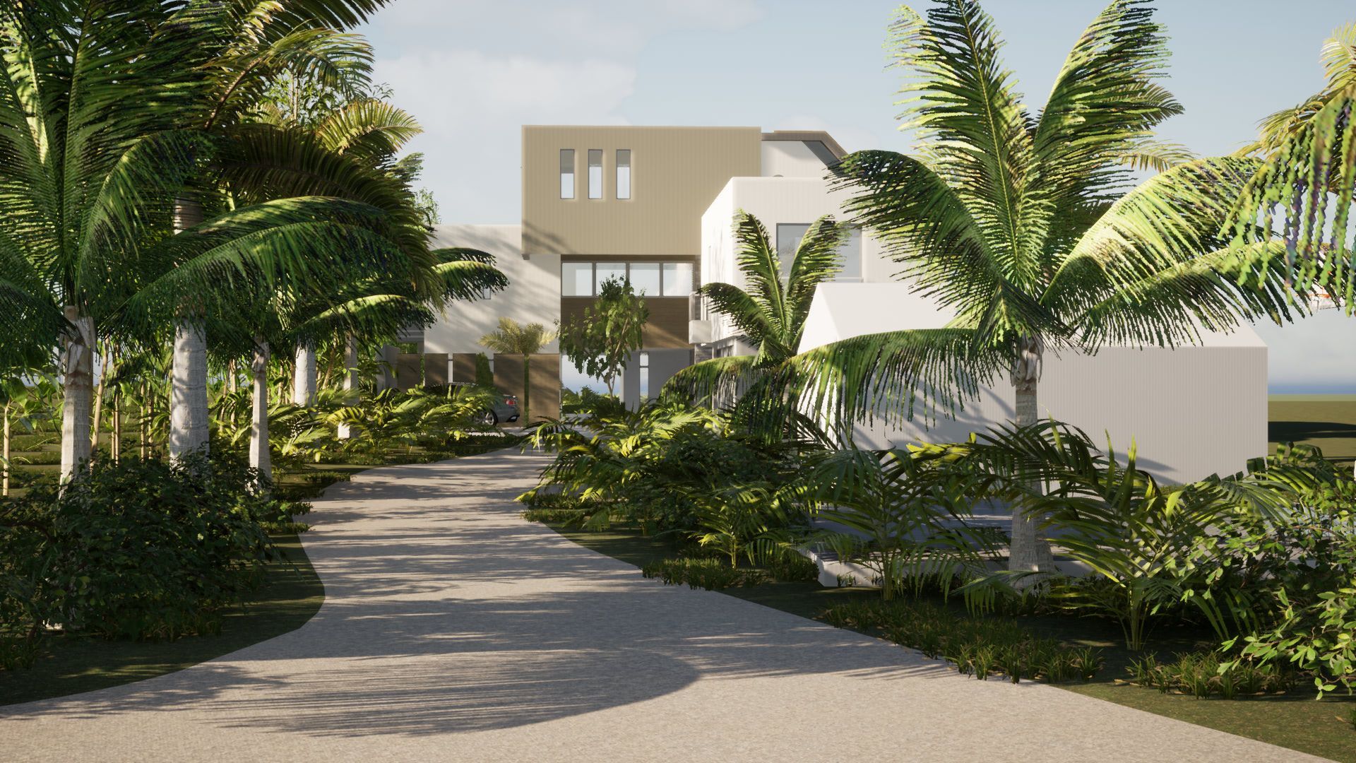an architectural rendering showing a modern, two-story home and the driveway lined by palm trees