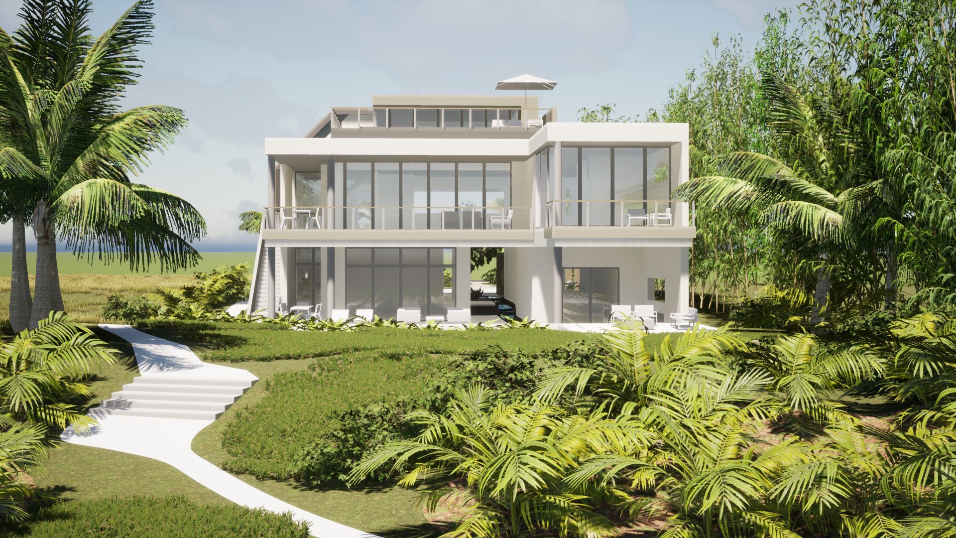 an architectural rendering of a modern, two-story home surrounded by palm trees