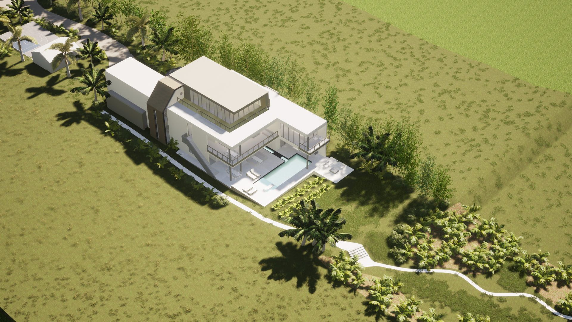 an architectural rending of an aerial view of a modern house with a swimming pool