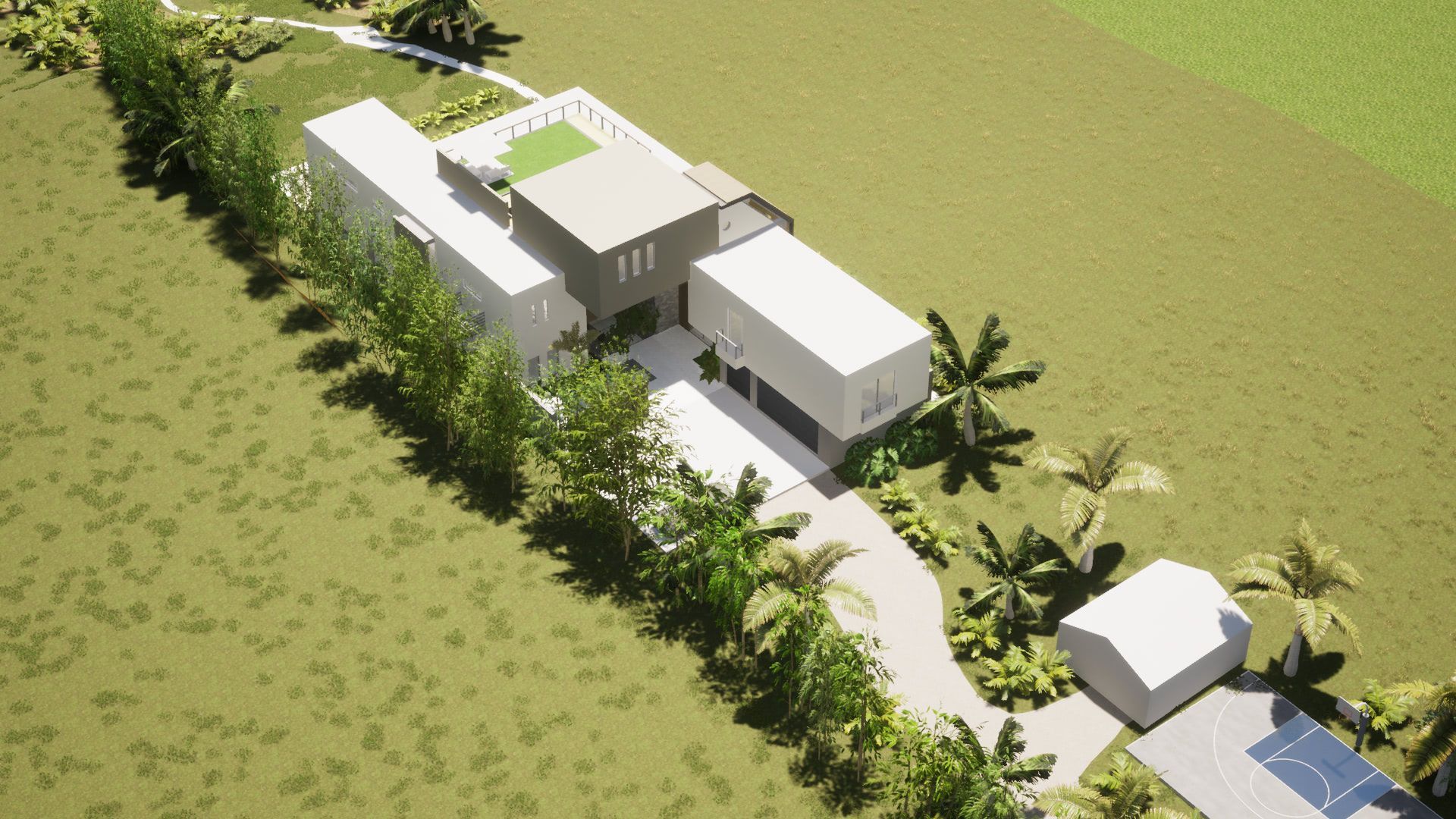 an architectural rending of an aerial view of a modern house with a large patio and swimming pool