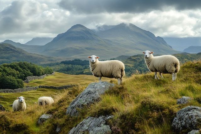 Sheep graxzing on a hillside in the Scottish Highlands