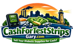 CashForTestStripsGary.com logo with glucose meter, cash, and city skyline illustration