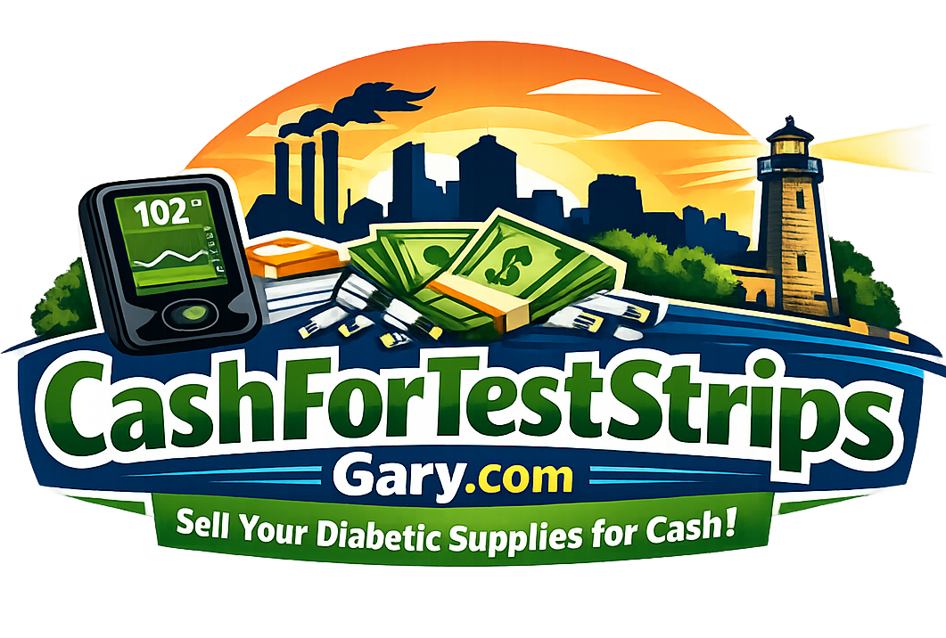 CashForTestStripsGary.com logo with glucose meter, cash, and city skyline illustration