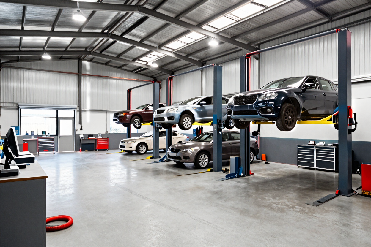 Auto repair shop with several cars on lifts in a large, well-lit garage