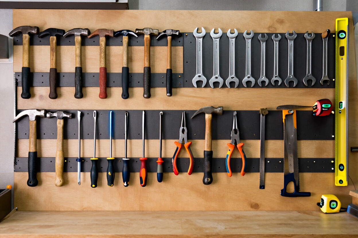 Wooden wall-mounted tool rack with hammers, wrenches, pliers, screwdrivers, and a level in a workshop
