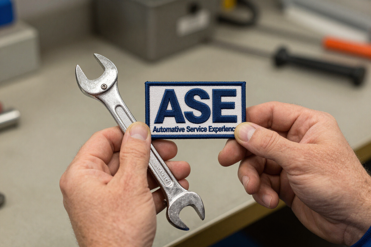 Hands holding a silver wrench and an ASE Automotive Service Excellence card over a workbench.