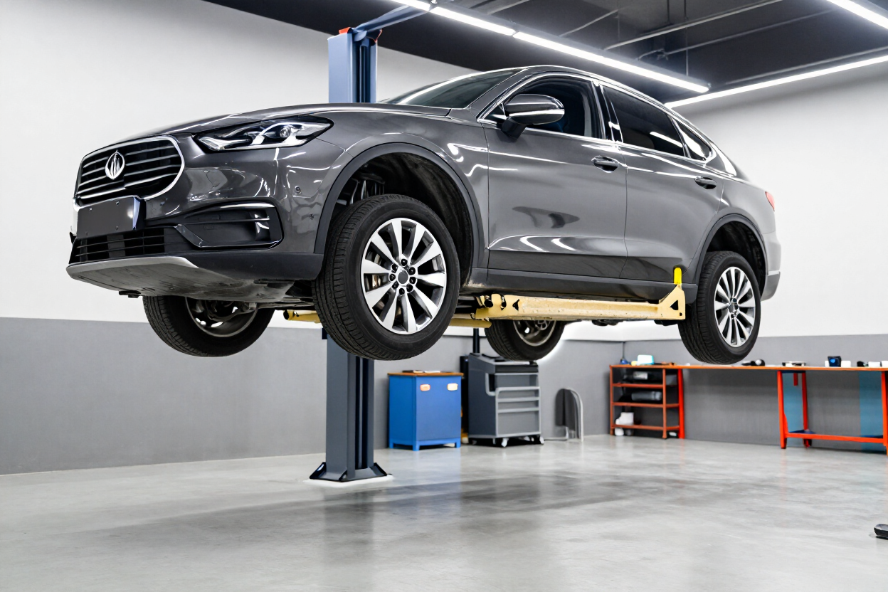 Black SUV on a lift in a bright auto repair garage