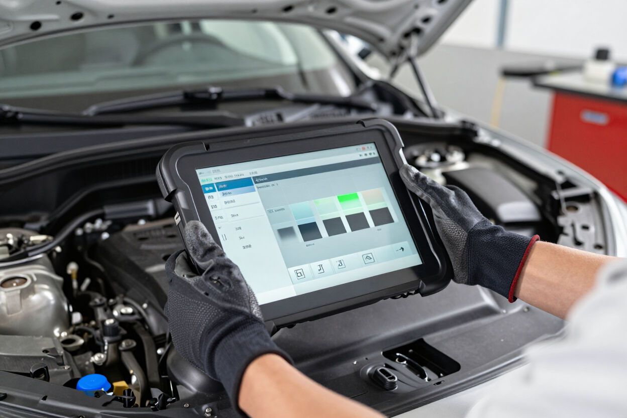 Mechanic using a tablet to diagnose a car engine in a garage