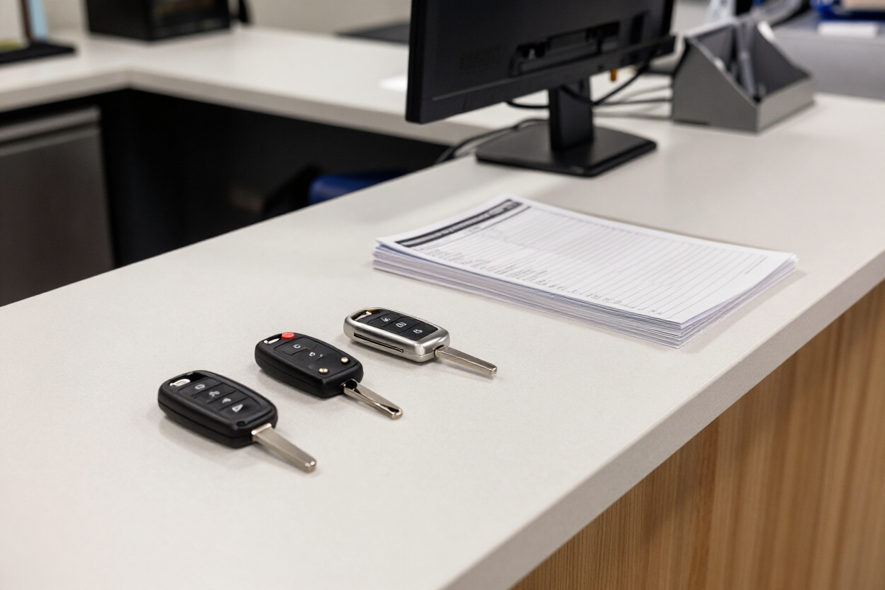 Three car keys and a notebook on a white office counter near a monitor